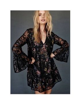 Free People Falling Flowers Black Lace Sequin Mini Dress Long Bell Sleeve Medium